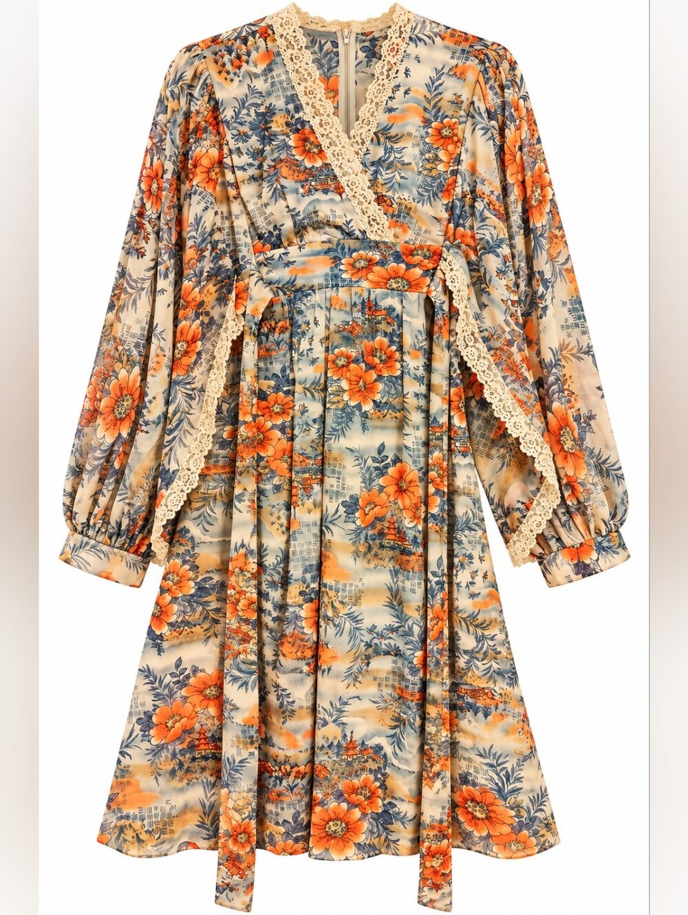 Gorgeous Vintage Prairie Style Floral Lace-Trim Wrap Dress